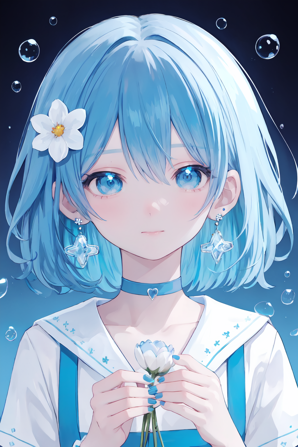 06623-2262187882-1girl,solo,flower,holding flower,earrings,holding,hair ornament,blue theme,blue hair,blue eyes,jewelry,bangs,looking at viewer,c.png